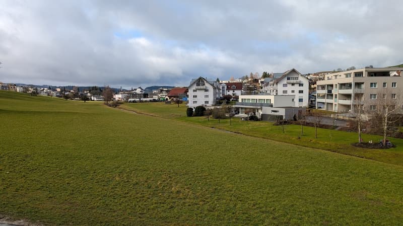 Aerial view of a residential area with several buildings, a large green field, and a cloudy sky.