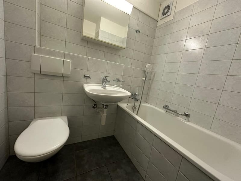 Tiled bathroom with a toilet, sink, and bathtub. The bathroom has a neutral color scheme with gray tiles and white fixtures.