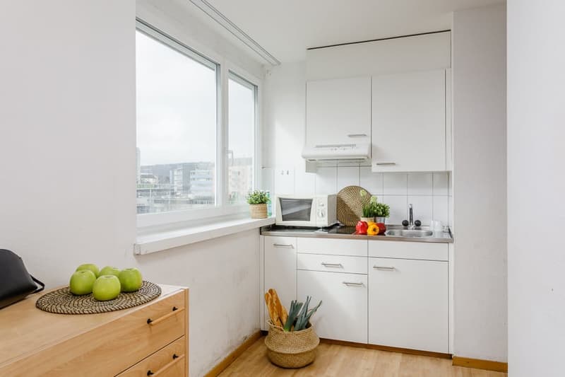 Compact kitchen with white cabinets, stainless steel appliances, and a window overlooking the city. Wooden countertop, green apples on a woven basket, and a potted plant add natural elements to the space.