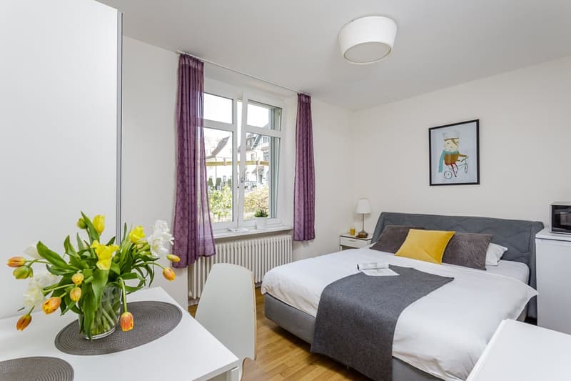 Spacious bedroom with large windows, gray upholstered bed, white bedding, purple curtains, and a vase of yellow tulips on a side table