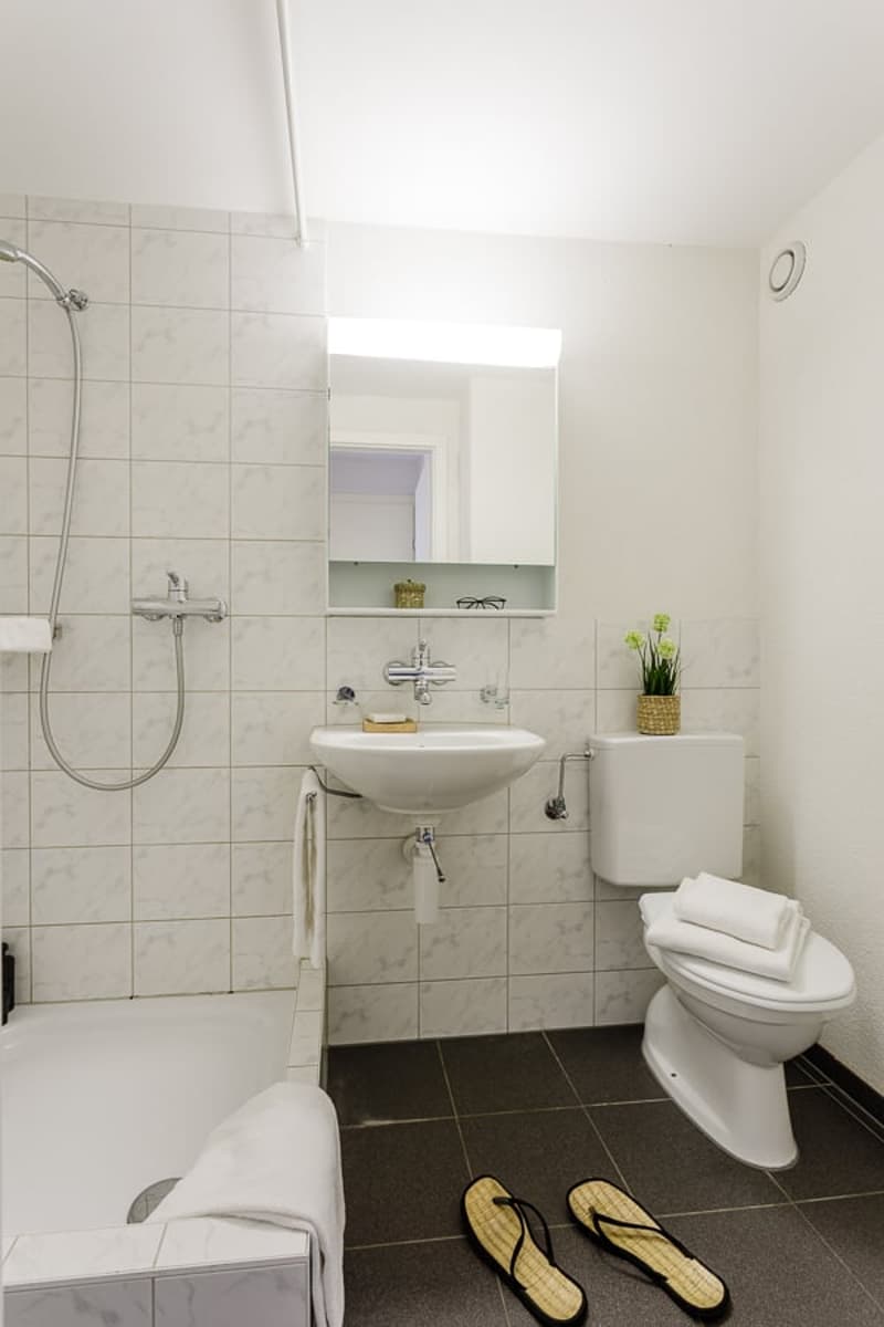 The image shows a bathroom with white tile walls, a sink, a toilet, and a shower area. There is a small shelf above the sink and a plant on the counter. The floor is tiled in a dark color.