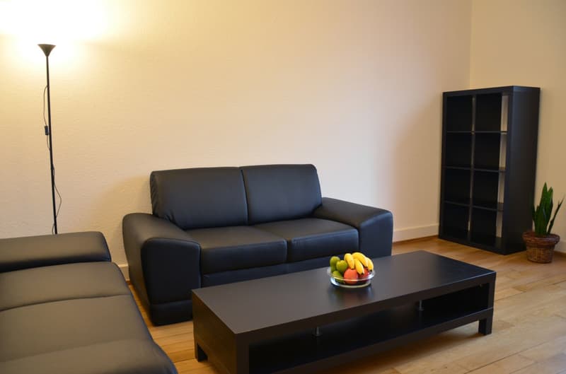 The image shows a modern living room with a black leather sofa, a black coffee table, and a black bookshelf. There is a floor lamp and a potted plant in the room. On the coffee table, there is a bowl of fruit.