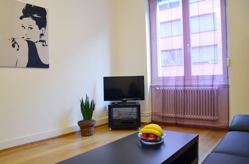 The image shows a living room with a TV stand, a potted plant, and a bowl of fruit on a coffee table. The room has large windows that provide a view outside. The walls are white and there is a black and white portrait artwork hanging on the wall.