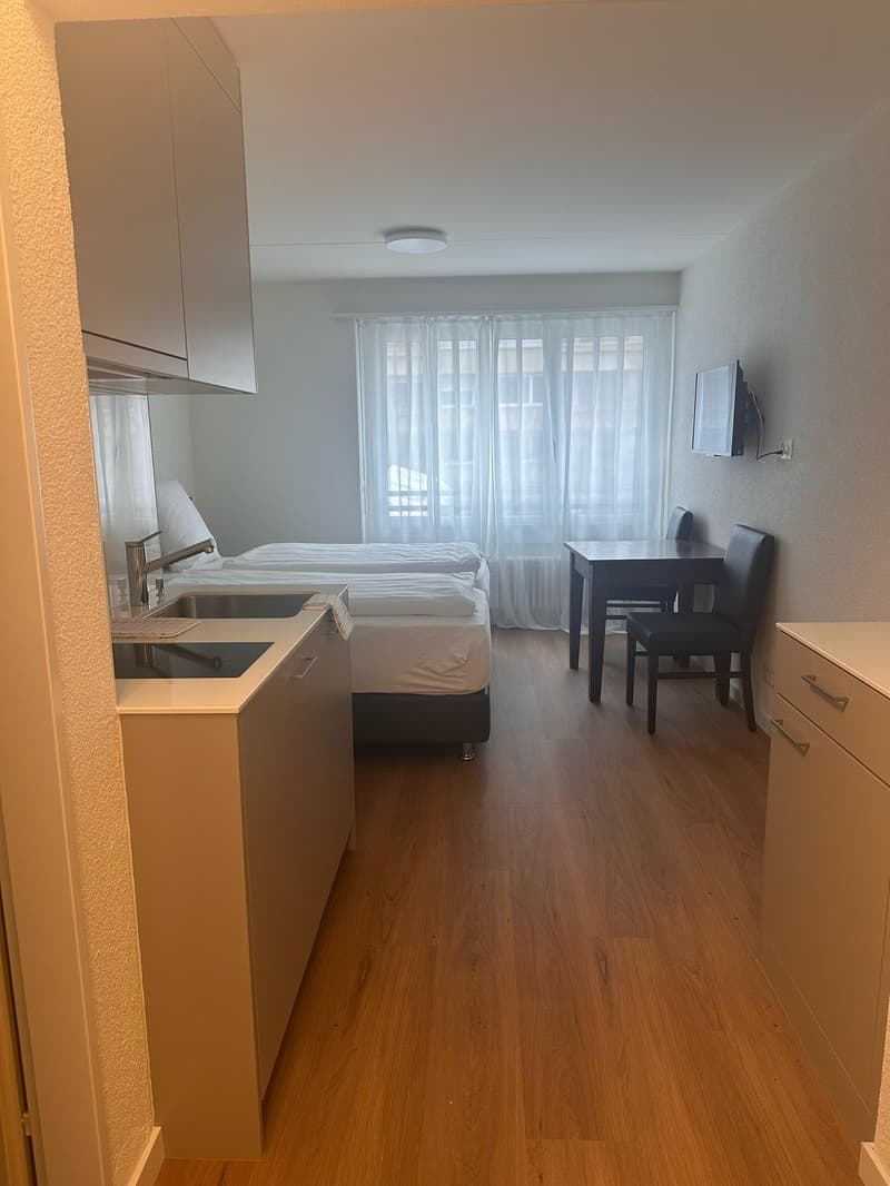 The image shows a studio apartment with a kitchenette, a bed, and a dining table. The apartment has hardwood floors, white walls, and large windows that provide natural light. The kitchenette includes cabinets and a dishwasher. The bedroom area has a bed,