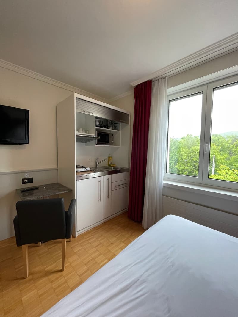 The image shows a hotel room with a kitchenette, a large window overlooking greenery, a TV, and a bed. The room has a modern and minimalist design with beige walls and hardwood floors. The kitchenette is equipped with a sink, cabinets, and a microwave. Th
