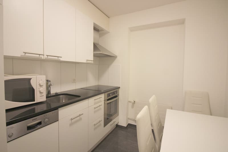 Modern, white kitchen with built-in appliances including a dishwasher, oven, and microwave. The kitchen has ample cabinet and counter space, and a clean, minimalist design.
