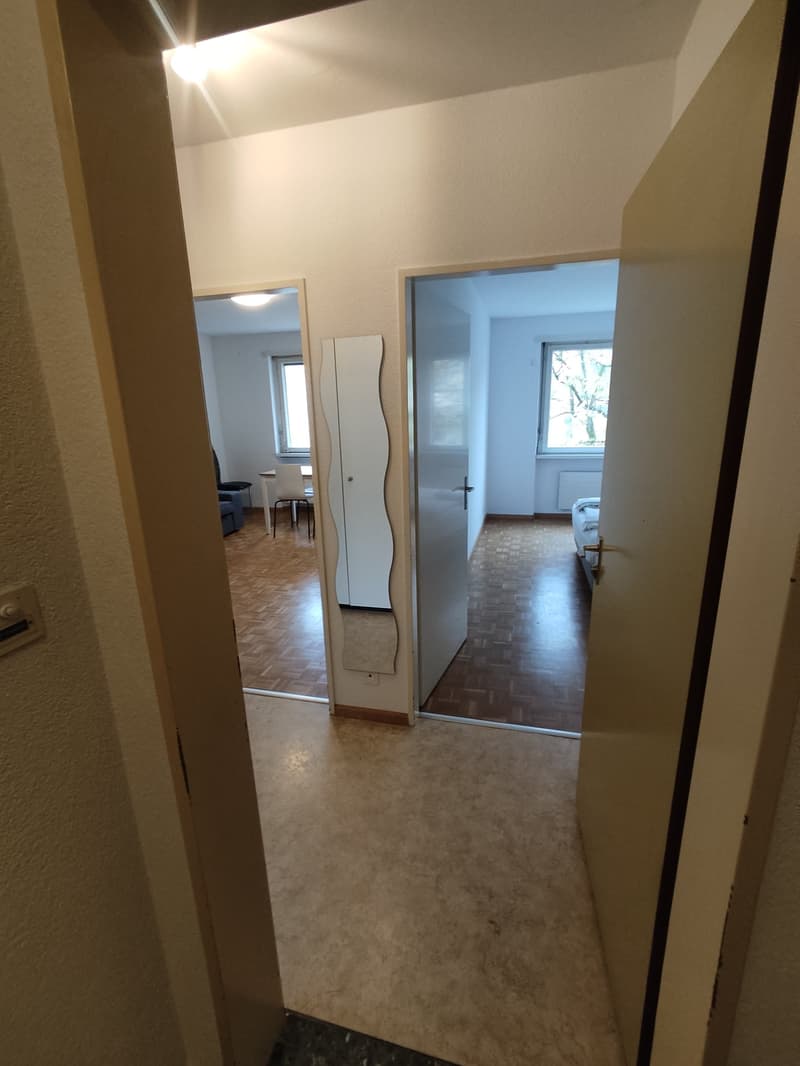 The image shows the interior of an apartment. The hallway has white walls and a tiled floor. There are two doors visible, one of which appears to be a mirror door. The lighting in the hallway is bright, creating a warm and inviting atmosphere.