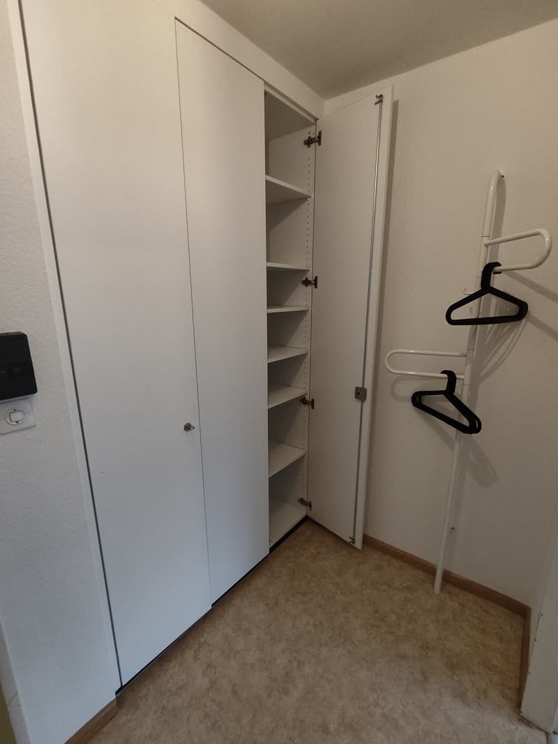 The image shows a bedroom with a closet. The closet has white doors and shelves inside. There is a clothes hanger on the wall. The floor is covered with a beige carpet.