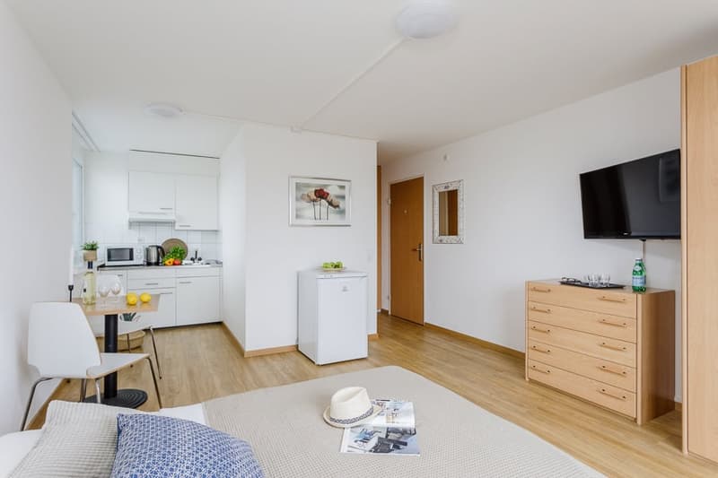 open space living area, kitchen, dining table with two chairs, sofa bed, flat screen TV, small fridge, wooden floors, white walls, large windows, cabinet with drawers, small bedroom closet