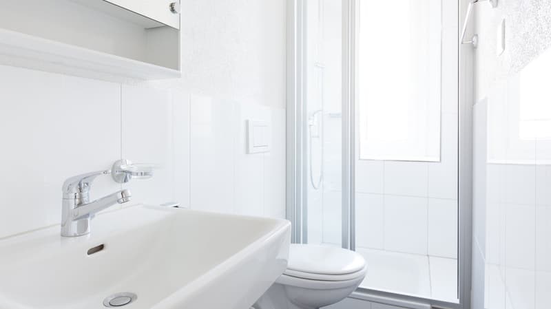 white tiles, white sink, toilet, glass shower door