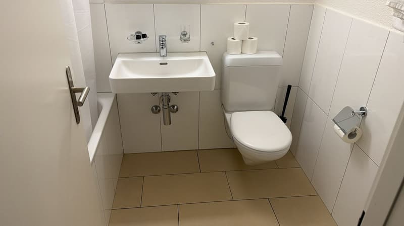 Bathroom with white sink, white toilet, white tiles, bathtub, toilet paper holder, glass cup, soap dish