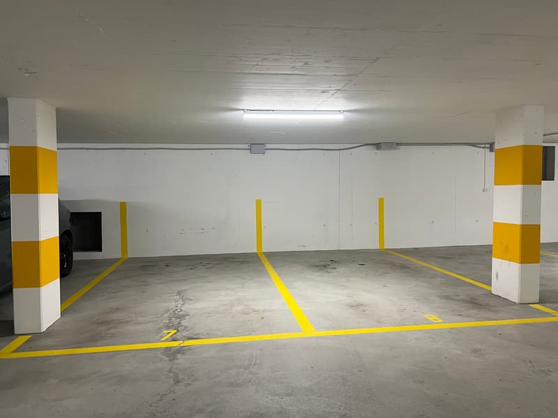 large space, concrete floor, yellow markings, white ceiling, pillars, parking area marked
