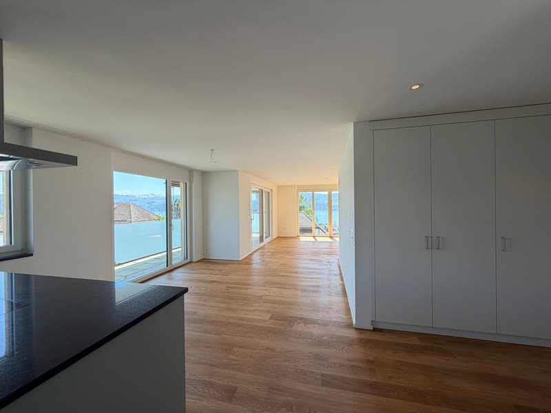 empty room, wooden floor, large windows, sliding glass doors, white walls, white cabinets