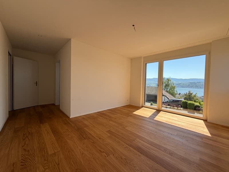 empty room, wooden floor, sliding glass doors, view of lake and mountains