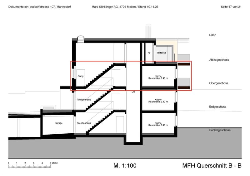 The floor plan consists of an upper floor, a lower floor, and a basement with two garages. The upper floor includes a kitchen, living area, and a terrace. The lower floor has another kitchen, living area, and a lift. The basement has two garages.