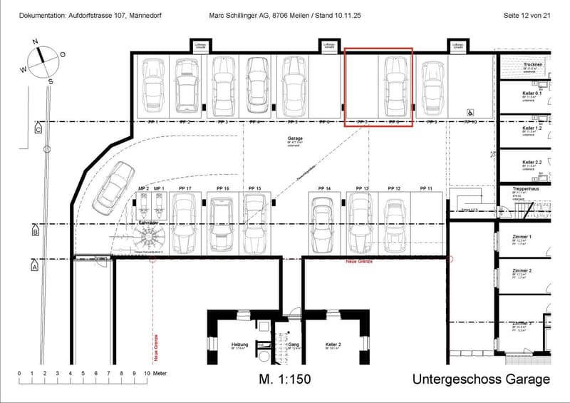 Parking spaces, stairwell, and rooms labeled as Heizung, Gang, Keller 2, Zimmer 1, Zimmer 2, Zimmer 3, Treppenhaus, Trockenkeller, Keller 0.1, Keller 1.2, and Keller 2.2.