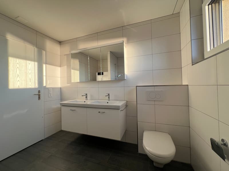 white tiles, white vanity, double sink, modern mirrors, toilet, white toilet paper holder