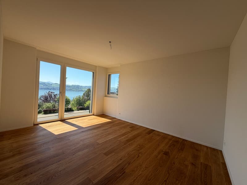 empty room, wooden floor, large windows, sliding glass doors, view of lake and mountains