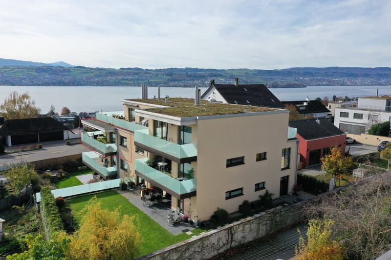 multistory house, green roof, balcony, lake view