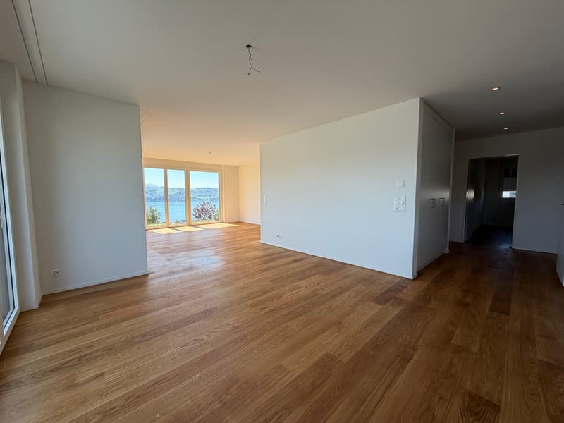 empty room, wooden floor, white walls, large windows, view of the lake