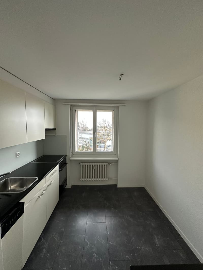 empty kitchen with white cabinets, black countertops, stainless steel sink, dishwasher, window with view
