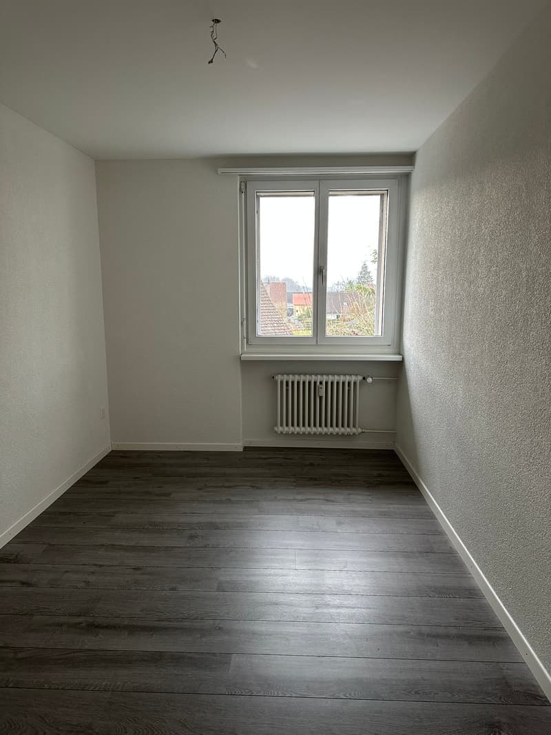 empty room, white walls, wooden floor, window, radiator