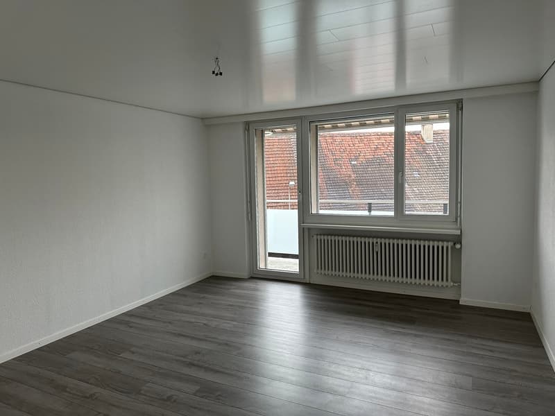 empty room, white walls, wooden floor, sliding glass door, balcony, radiator, view of a building
