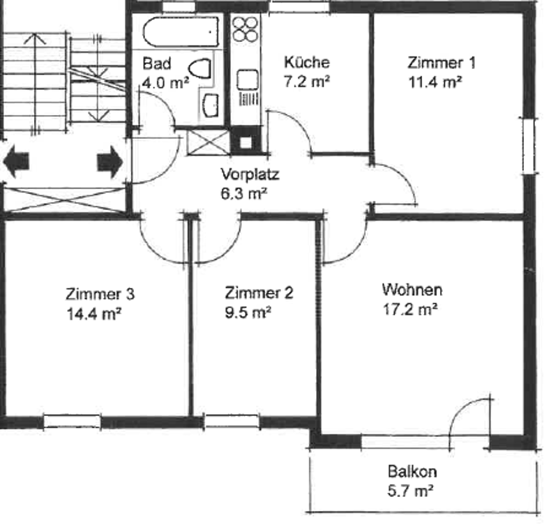 Bathroom, Kitchen, 3 Bedrooms, Living room, Balcony