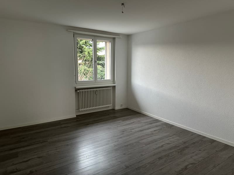 empty room, white walls, wooden floor, window, radiator