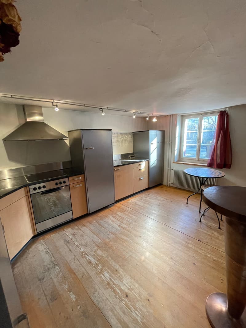 modern kitchen with stainless steel appliances, wooden floor, white cabinets, window, radiator
