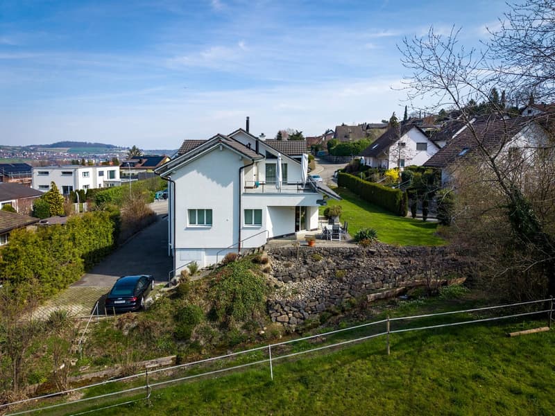Detached house, white exterior, brown roof, balcony, driveway, car parked, stone wall, garden, green lawn, trees, distant view of mountains