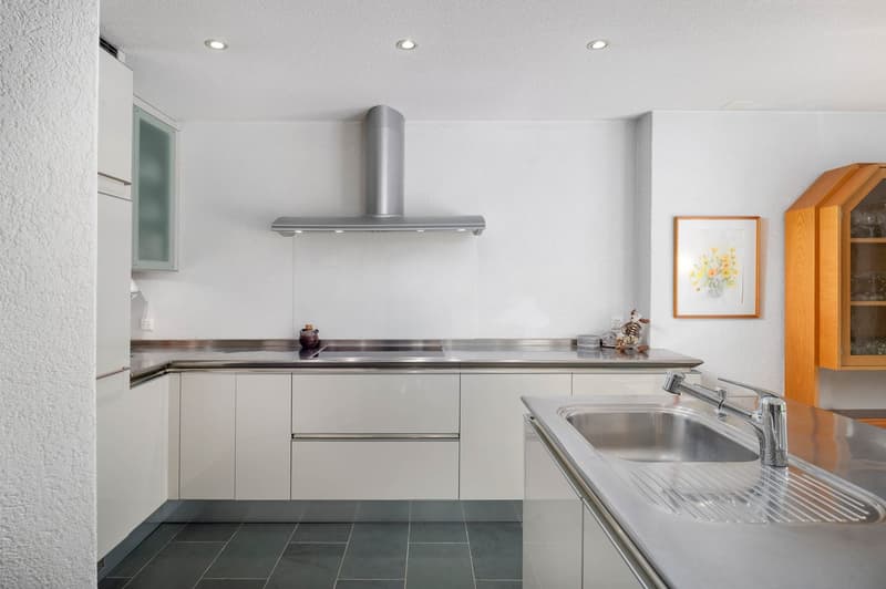 modern kitchen with white cabinets, stainless steel countertops, gas stove, stainless steel sink, wooden cabinet with glass doors