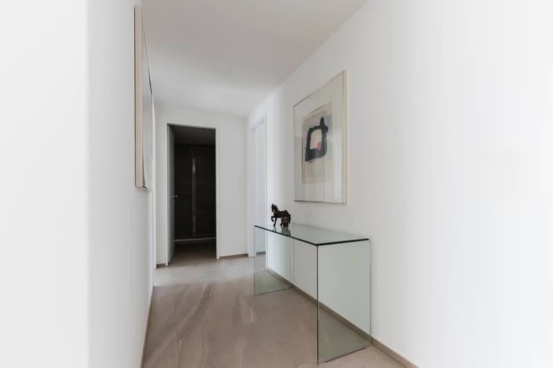 Contemporary hallway with glass console table, wooden floor, white walls, abstract painting, glass door leading to a room