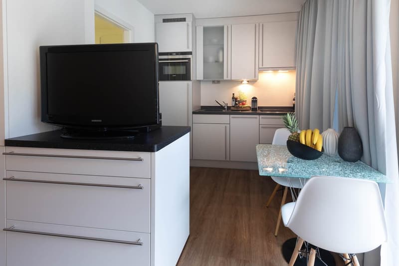 modern kitchen, stainless steel appliances, flat screen tv, fruit on table