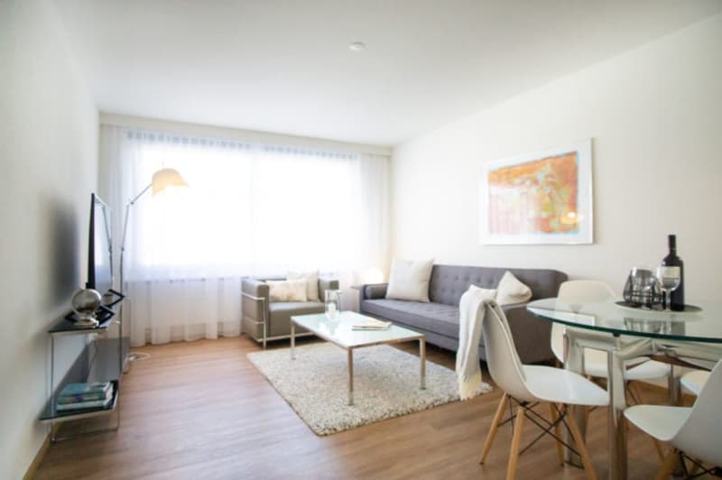 modern living room with glass table, white chairs, gray sofa, small couch, white curtains, carpet, lamp, television, paintings