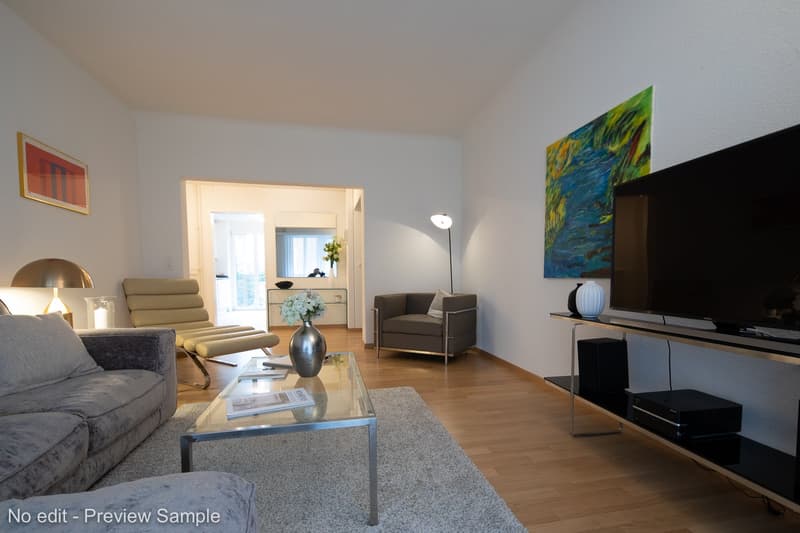 modern living room, gray couch, wooden floor, TV stand, armchair, carpet, wooden coffee table, decorative items