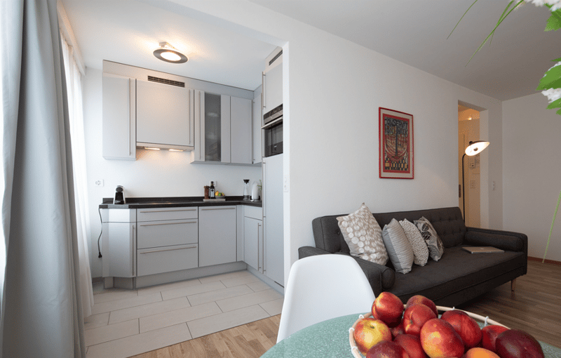 open plan kitchen with microwave and dishwasher, sofa, table with apples, modern interior
