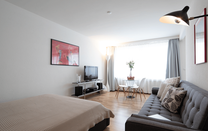 Single bedroom with a bed, tv stand, couch, table, chairs, and a painting.