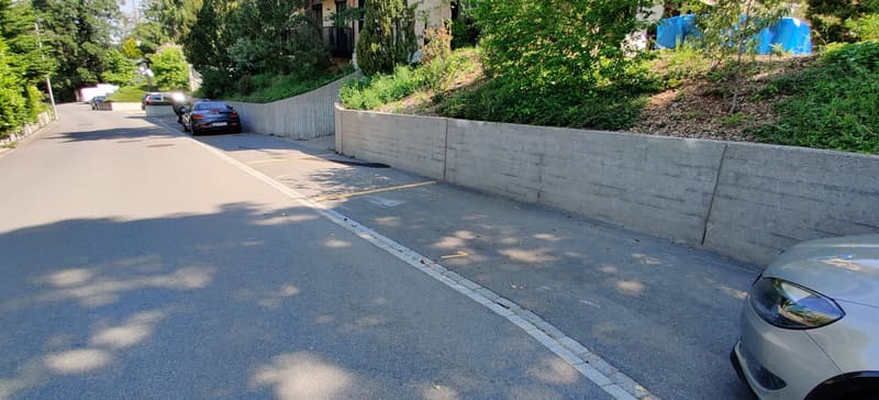 Street view of an urban neighborhood with concrete retaining walls, multiple cars parked on both sides of the street, trees and greenery lining the street.