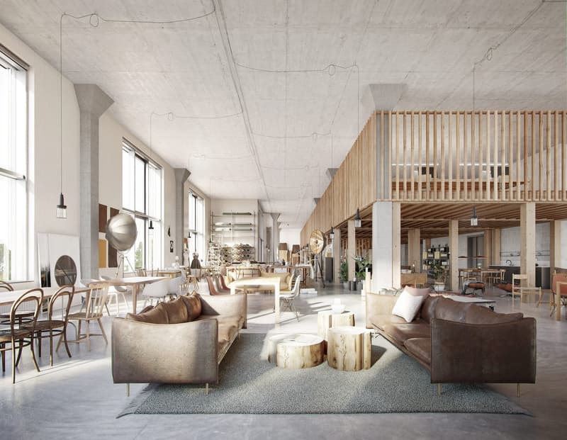 Large open-plan living area with concrete ceiling, wooden slat walls, and various seating areas including sofas and armchairs. The space features large windows, a fireplace, and a mix of modern and rustic furniture and decor elements.