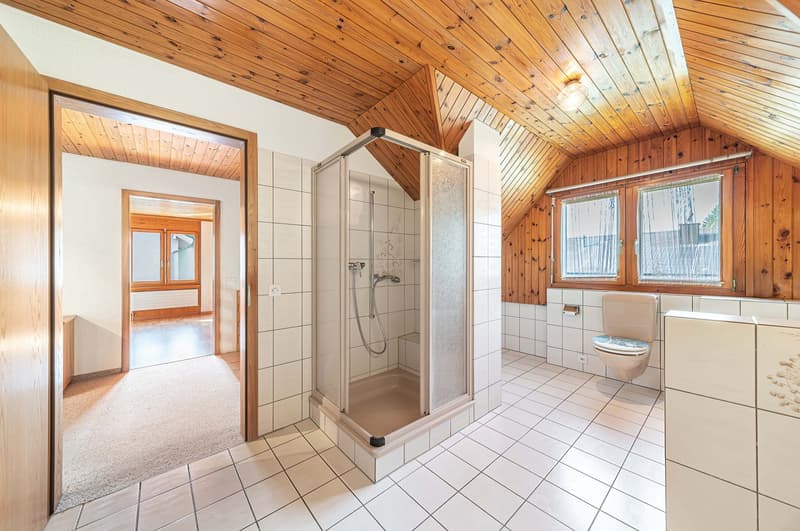 Bathroom with shower, toilet, and two windows with wooden panels