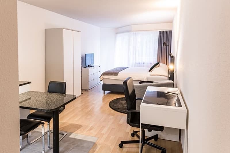 Spacious studio apartment with hardwood floors, white walls, large windows, a bed, a dining table with chairs, a desk with a chair, and a kitchenette with a dishwasher.