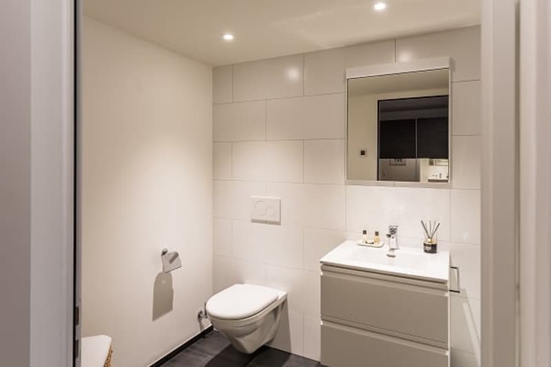 Modern bathroom with white tiles, vanity unit with drawers, toilet, and mirror above the vanity.