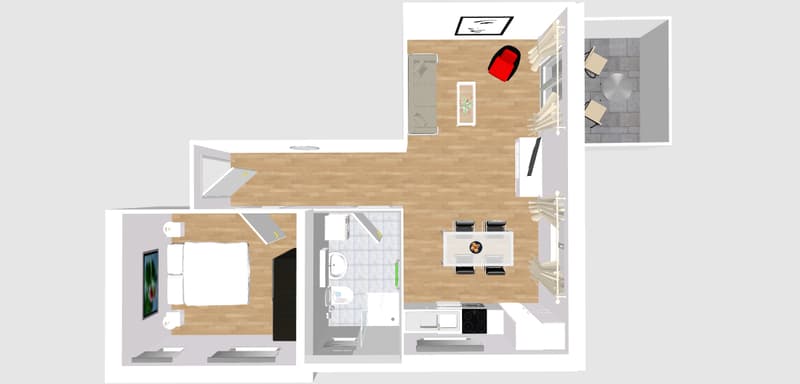 1 bedroom, bathroom, kitchen, living room, TV