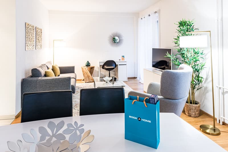 Open floor plan living room and dining area with couch, TV, chairs, desk, floor lamp, potted plant, and bag
