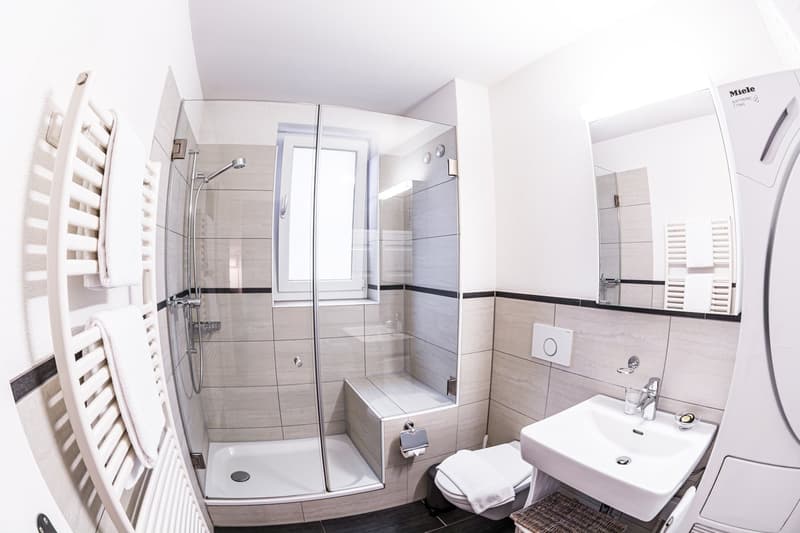 walk-in shower, toilet, sink, towel rack, mirror, washing machine