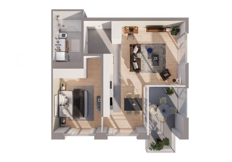 1 bedroom, 1 bathroom, living area, kitchen, dining area, balcony