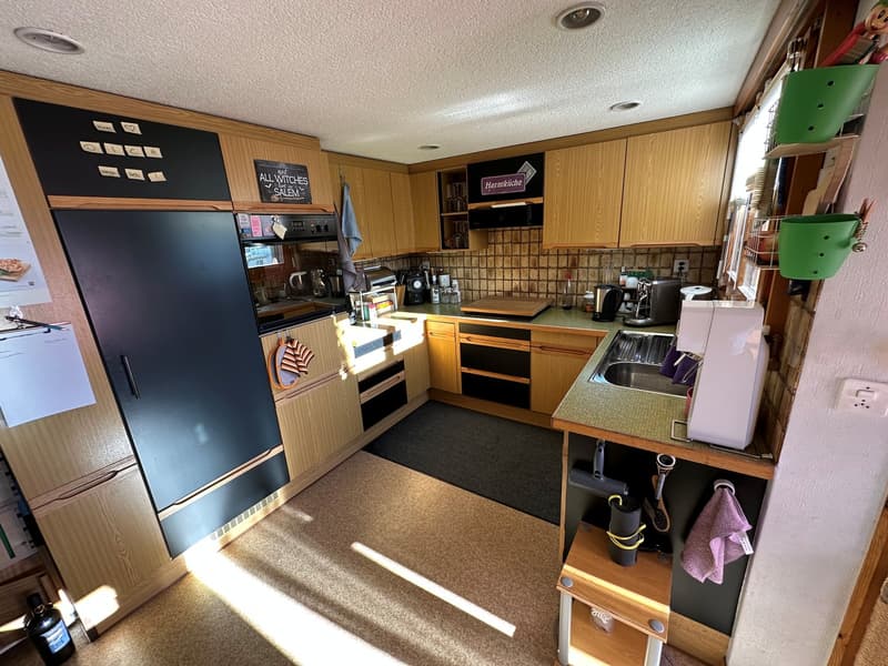 equipped kitchen with wooden cabinets, counter top, sink, appliances, rug