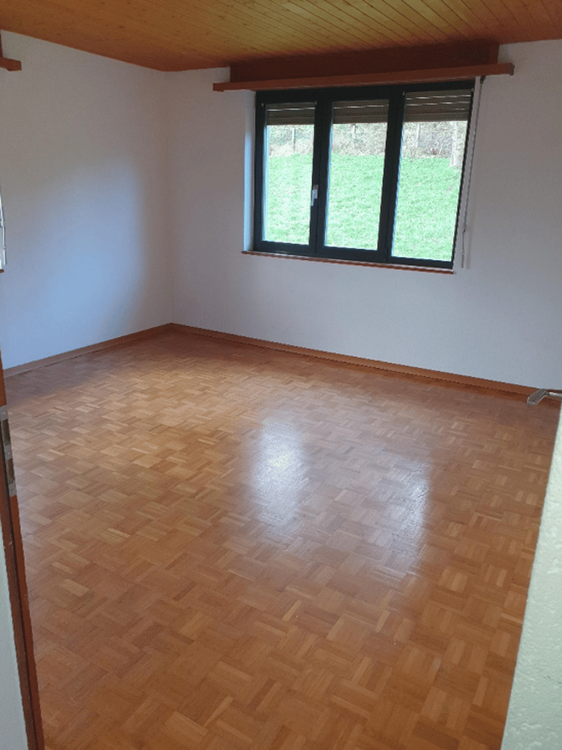 This image shows a room with a wooden parquet floor, white walls, and large windows overlooking a grassy outdoor area. The room has a wooden ceiling with exposed beams.