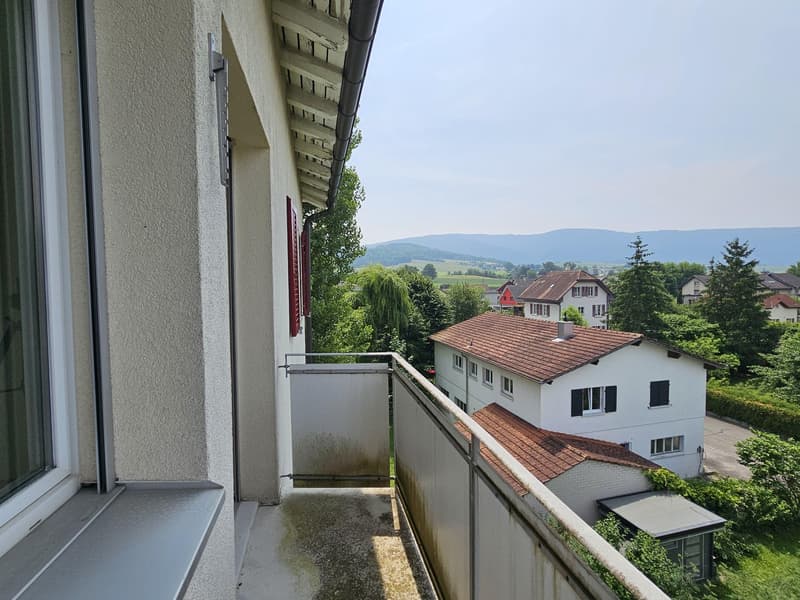 Balcony overlooking a residential neighborhood with houses, trees, and mountains in the background.